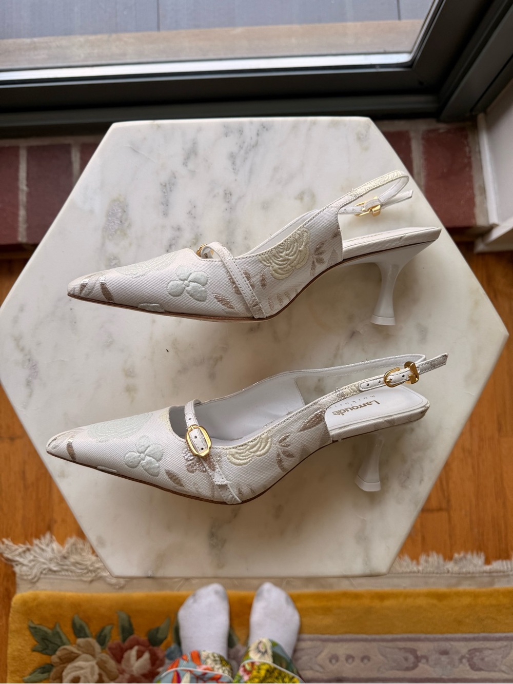 Larroude x Markarian White Embroidered Slingback Heels with Gold Buckles - Picture 2 of 4